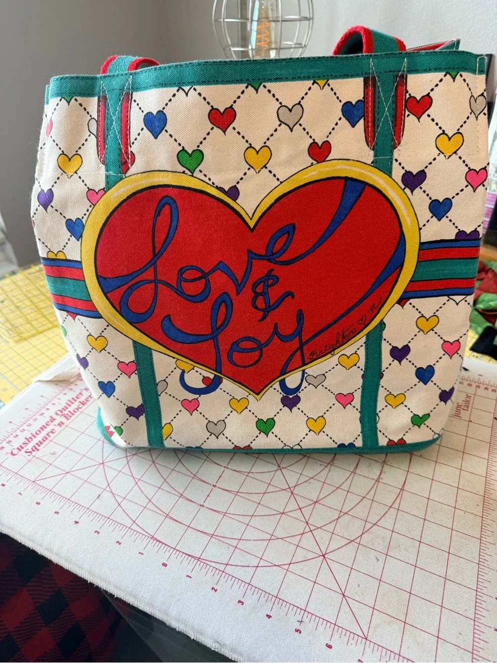 Love & Joy Heart Canvas Tote Bag in Red and Multicolor